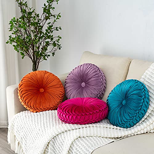 Cassiel Home Summer Home Pleated Velvet Round Throw Pillow Turqoise Summer Pintuck Decorative Pillow for Couch Sofa Bed Armchair Lounge Garden Patio Bench or Bedroom Floor Cushion 14.5 inches | The Storepaperoomates Retail Market - Fast Affordable Shopping