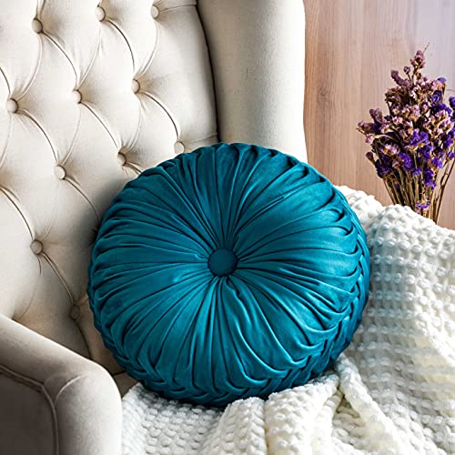 Cassiel Home Summer Home Pleated Velvet Round Throw Pillow Turqoise Summer Pintuck Decorative Pillow for Couch Sofa Bed Armchair Lounge Garden Patio Bench or Bedroom Floor Cushion 14.5 inches | The Storepaperoomates Retail Market - Fast Affordable Shopping