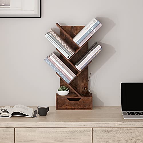 Tree Bookshelf with Drawers, 6-Tier Book Storage Organizer Shelves Floor Standing Bookcase for Magazine/Book, with Modern Wood Storage Rack Display Shelves Cabinet for Living Room/Bedroom/Office