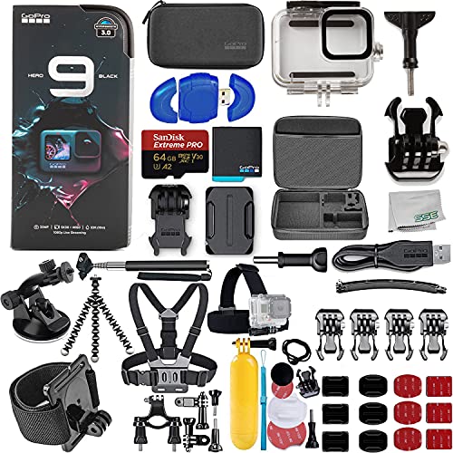 SSE GoPro HERO9 (Hero 9) Black with Deluxe Bundle – Includes: SanDisk Extreme PRO 64GB miniSDXC, Premium Hard Case for GoPro, Underwater Housing for HERO9, Floating “Bobber” Handle & Much More