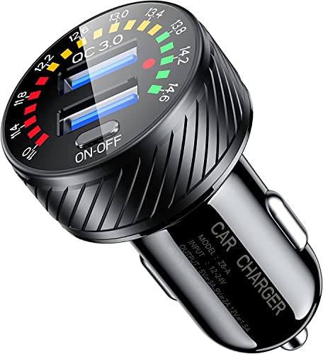 KEWIG Car Charger, 36W Fast Car Charger Adapter, Dual USB Car Charger Fast Charge with Colorful Voltmeter & ON/Off Switch