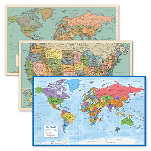 3 Pack – World & USA Map Chart [Tan/Color] + World Map [Blue Ocean] (Laminated, 18” x 29”)
