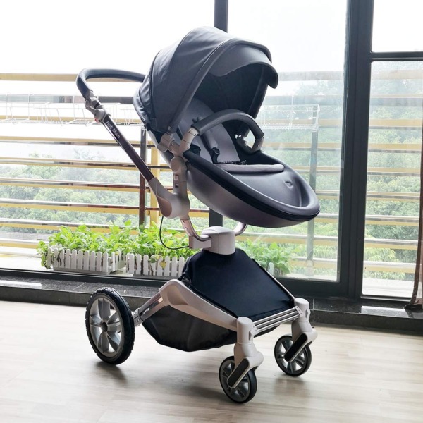 Baby Stroller 360 Rotation Function,Hot Mom Baby Carriage Pu Leather Pushchair Pram,Dark Grey