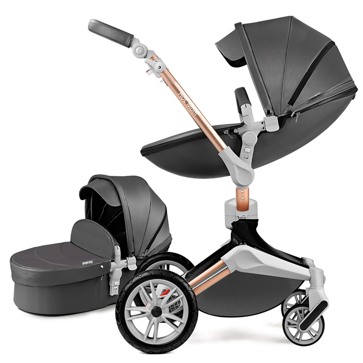 Baby Stroller 360 Rotation Function,Hot Mom Baby Carriage Pu Leather Pushchair Pram,Dark Grey | The Storepaperoomates Retail Market - Fast Affordable Shopping