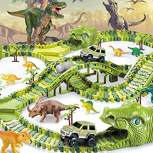 Etto 288 PCS Dinosaur Toys with 240 Flexible Tracks, 2 Toy Cars, 10 Dinosaurs, 4 Ramps, Dinosaur Toys Race Track Playset for 3 4 5 6 7 8 9 Year Old Boys and Girls