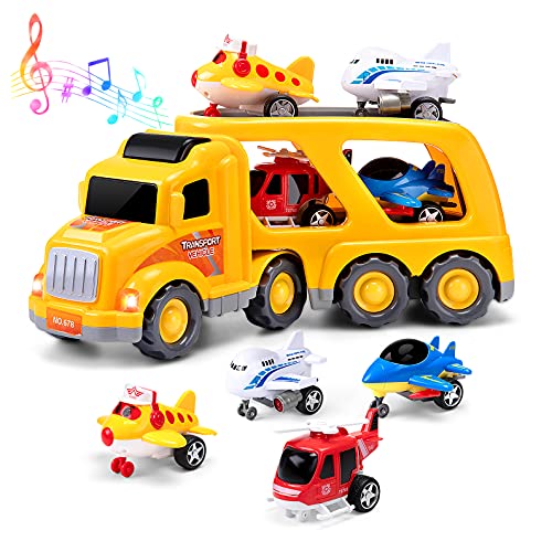 GONGDAO Truck Toys with 4 Airplane Toys for 3 4 5 6 7 Year Old, Aircraft Carrier Truck Toy for Toddler Boy Girl, Toy Helicopter/Military Fighter Jet, Christmas List