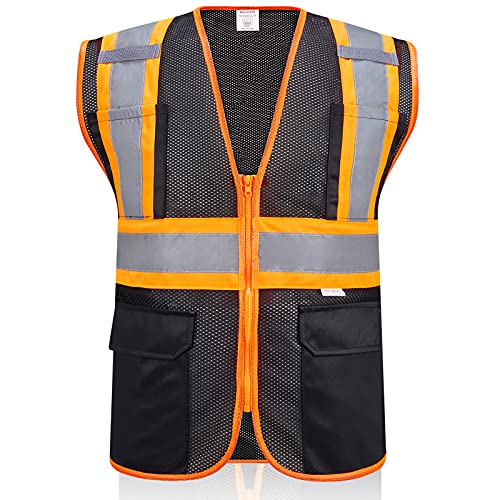 SULWZM High Visibility Reflective Safety Vest with Zipper and Pockets Black,XXL