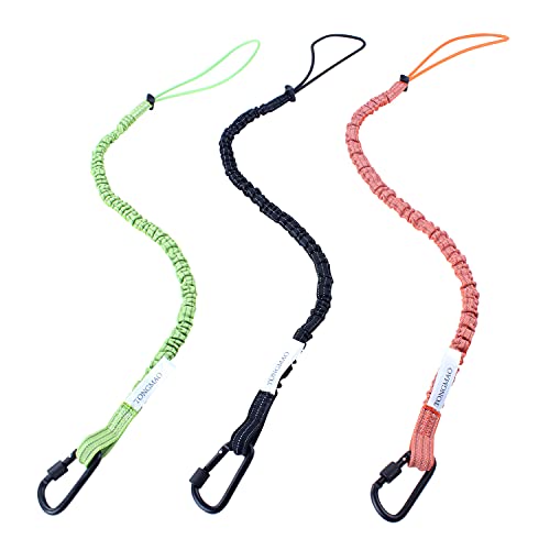 TONGMAO 3 Pack Retractable Tool Lanyard, Safety Fall Protection Tools Leash with Aluminum Screw Lock Carabiner Clip and Adjustable Loop End, Tough Scaffold Tether (Black+Orange+Green)