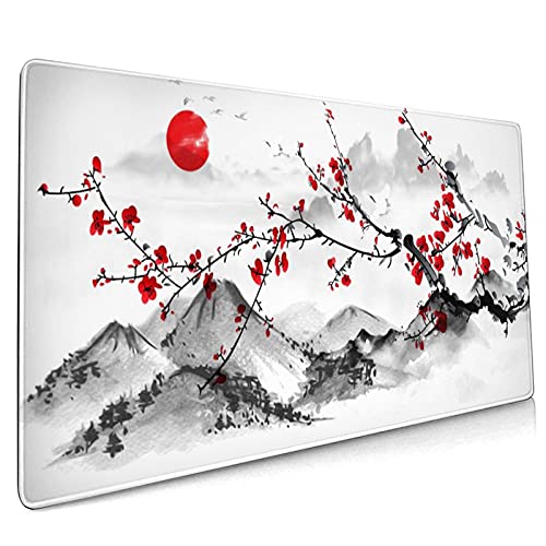 Extended Large Gaming Mouse Pad 35.4 X 15.7 Inch XXL Full Desk Japanese Art Style Cherry Blossom & Sakura Mousepad Non-Slip Rubber Base Big Keyboard Mat with Stitched Edges for Home Office