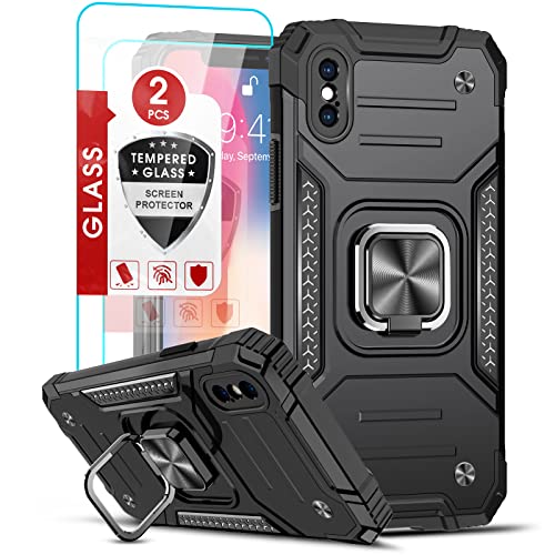 LeYi Compatible with iPhone X Case, iPhone Xs Case with [2 x Tempered Glass Screen Protector] for Men Women, [Military-Grade] Protective Phone Cover Case with Ring Kickstand for iPhone X/XS/10, Black