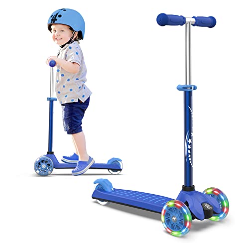 WEE HEE 3 Wheel Scooter for Kids, Ages 3 Years Up Adjustable Height Toddler Scooter with LED Light Up PU Wheels, Lean to Steer for Boys or Girls, Supports Body Weight Up to 110lbs
