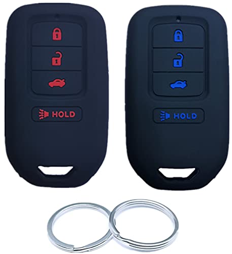 RUNZUIE 2Pcs 4 Buttons Silicone Smart Remote Keyless Entry Key Fob Cover Shell Compatible with 2013-2021 Honda Accord EX EX-L Touring Civic CRV HRV 216J-HK1310A ACJ932HK1310A Black with Red/Blue