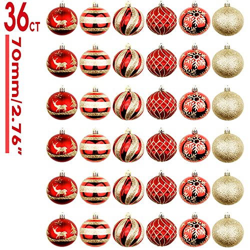 OurWarm 36ct 70mm Christmas Ball Ornaments Tree Decorations 6 Styles with Classic Red and Gold Shatterproof Christmas Bulbs Ornaments for Christmas Tree Ornaments Tree Skirt Home Party Holiday Decor
