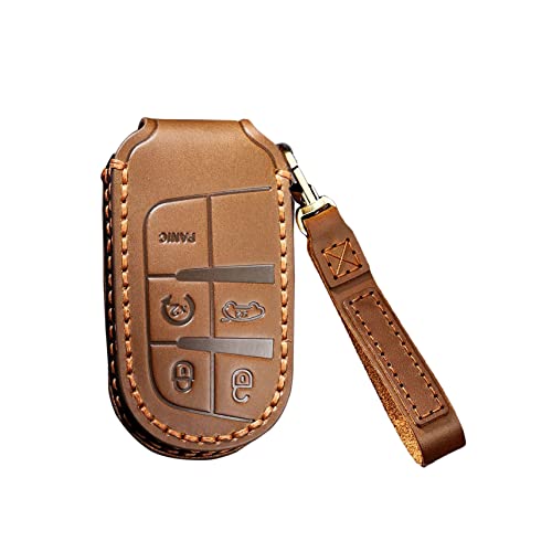SANRILY 5 Button Leather Key Fob Cover for Jeep Grand Cherokee Dodge Challenger Charger Durango Journey Chrysler 300 200 Keyless Remote Keychain Holder Key Case Shell Brown