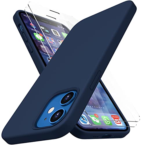 CellEver 𝟐𝟎𝟐𝟑 𝐔𝐩𝐠𝐫𝐚𝐝𝐞𝐝 Silicone Case for iPhone 12, 12 Pro Ultra Slim [2 Tempered 9H Glass Screen Protectors Included] Shockproof Phone Cover with [Soft Microfiber Lining] Navy Blue