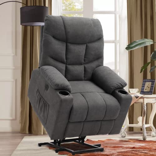 NA Electric Power Lift Recliner Chair for Elderly with Massage and Heat, Soft Linen Motorized Sofa Living Room Remote Control, Cup Holders, USB Ports 2 Side Pockets (Grey)