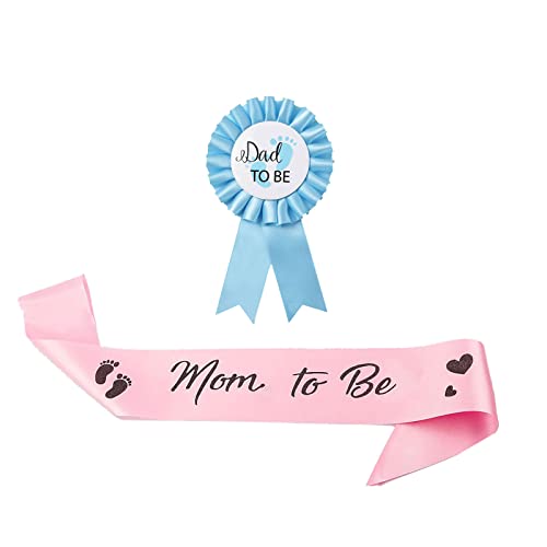 2 Packs Baby Shower Decorations Pink Mom Sash and Blue Dad Tinplate Badge Baby Welcome Party Gifts