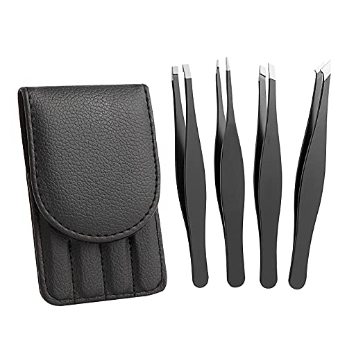 4 in 1 Ingrown Hair Removal Kit – Professional 4 pieces Tweezers for Women, Premium Precision Tweezers Set for Removal Eyebrows and Facial Ingrown Hair (Black, Portable Size, Stainless Steel) RK001