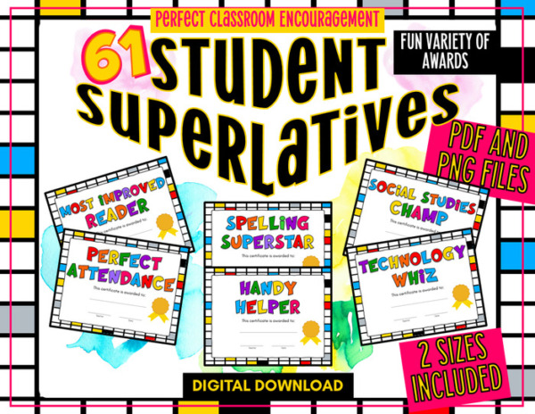 61 Student Superlatives | Primary V3 | Bonus Checklist Included | Two Sizes | PDF and PNG | Class Award Certificates | Digital Download