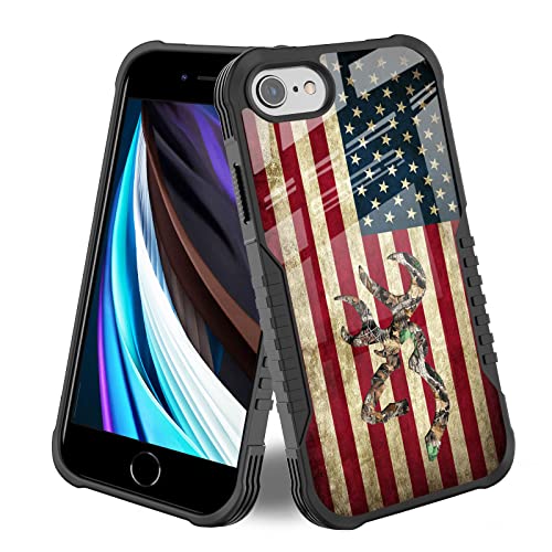 iPhone SE 3rd Gen (2022)/2nd (2020) Case Camo Deer American Flag Design for Men, [Shockproof] [Anti-Scratch] [Anti-Slip] Heavy Duty Protective Case for iPhone 8/7/6/SE – Camouflage Leaf Hunting Flag