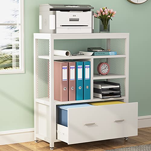 Tribesigns Wood Lateral File Cabinet with Drawer for Letter Size, Large Modern Filing Cabinet Printer Stand with Metal Wire Open Storage Shelves for Home Office (White)