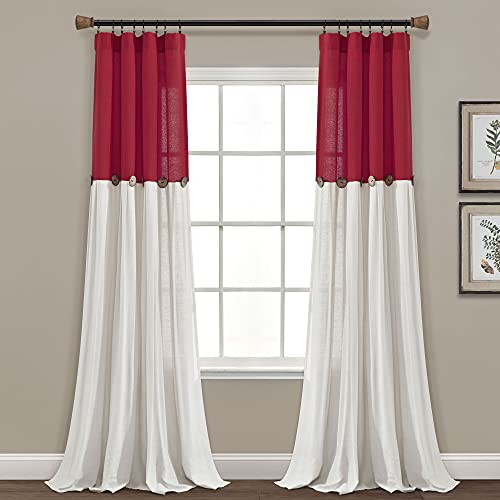 Lush Decor Linen Button Farmhouse Curtains, Single Panel, Pleated Two Tone Design 40″W x 84″L, Red & White