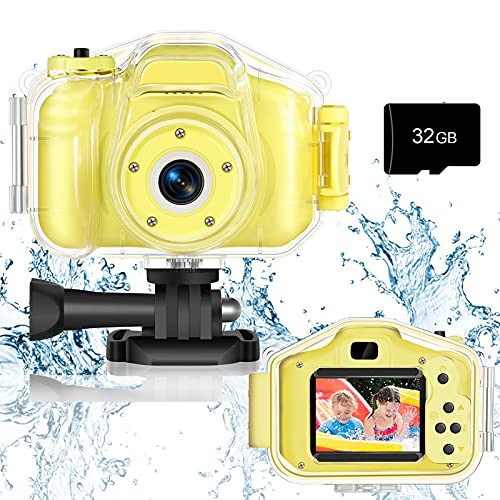 Agoigo Kids Waterproof Camera Toys for 3-12 Year Old Boys Girls Christmas Birthday Gifts HD Children’s Digital Action Camera Child Underwater Sports Camera 2Inch Screen with 32GB Card (Yellow)