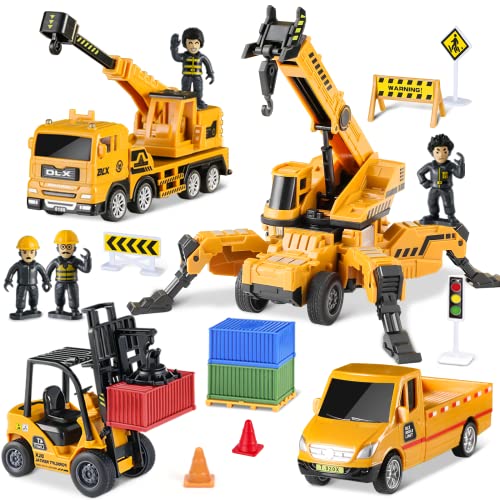 Construction Toy Trucks for Boys, Vehicles Playset of Crane, Forklift, Pickup Dump Truck with Action Figures & Traffic Accessories(50PCS), Birthday Gift for 3 Years Old and Up Kids Toddler Children