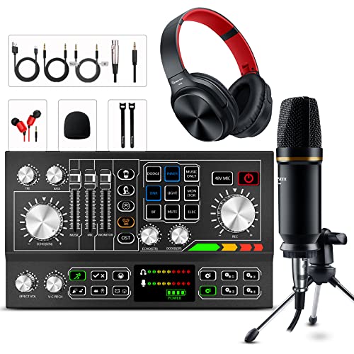 Podcast Equipment Bundle Aluminum Alloy Panel with Studio Condenser Microphone Sound DJ Mixer Broadcast ALL-IN-ONE Audio Interface [DIY Sound Effect] For PC/Laptop/Phone,Streaming/Recording, Black