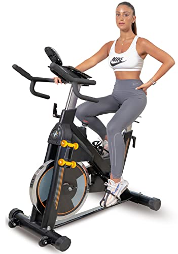 Gymnastics Power Indoor Exercise Bike Heavy-Duty 115 LB Magnetic Resistance, Includes 2X1 lb Dumbbells, Stationary Cycling Bikes for Home Exercise