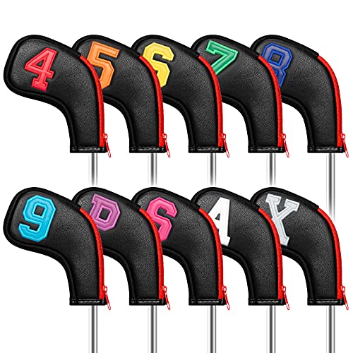 wosofe Golf Head Covers for Iron Headcover with Zipper Black Leather 10pcs Set Colorful Number Embroideried PU Leather Waterproof Fit All Brands (Multicolor)