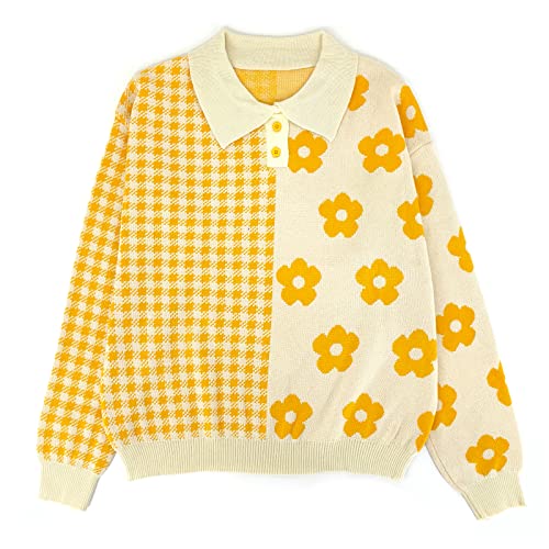 Womens Kawaii Color Block Sweaters Cute Plaid Collared Pullover Jumper Sweatshirts Yellow