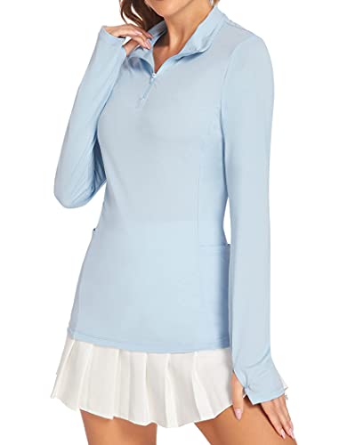 Mokermi Women’s UPF 50+ Long Sleeve Golf Shirt SPF UV Sun Protection Half-Zip Tennis Polo Shirts Outdoor Hiking Tops Blue