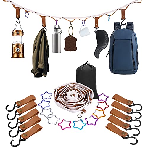 Tccxfot Campsite Storage Strap Accessories Camping Stuff and Lanyard Hanger Equipment Portable Travel Clothesline with 20 Hooks for Garden Supplies Family, Camping Hammock, Tents RV Hanging Gear