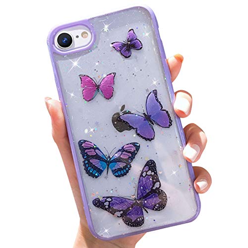 wzjgzdly Butterfly Bling Clear Case Compatible with iPhone 6 / iPhone 6s, Glitter Case for Women Cute Slim Soft Slip Resistant Protective Phone Cover for iPhone 6 / iPhone 6s (4.7 inch) – Purple