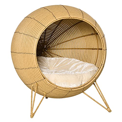 PawHut 20.5″ Rattan Cat Bed, Wicker Elevated Round Condo for Comfort and Circulation with Cushion