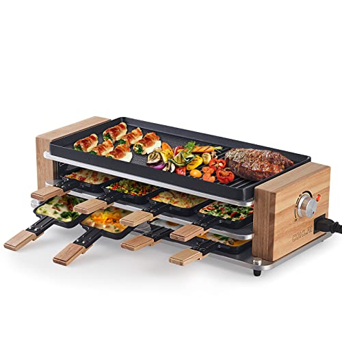 Raclette Table Grill, COKLAI Raclette Grill 8 Cheese Melter Pans 8 Spatulas Three-Tier Indoor Electric Grill, with Temperature Control and Removable Non-Stick Grillplate, Dishwasher Safe