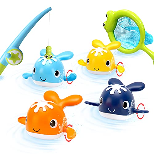Bessentials Magnet Baby Bath Fishing Toys – Wind-up Swimming Whales Bathtub Toy Fishing Game, Water Tub Toys Set with Fishing Pole & Net for Toddler Kids 3 4 5 6 Years Old