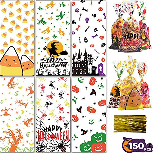 150 PCS Halloween Treat Bags Cellophane Bag for Kids, 6 Style Halloween Trick or Treat Candy Bags, Halloween Plastic Goody Gift Bags with Pumpkin Skeleton Pattern for Halloween Party Favors Supplies
