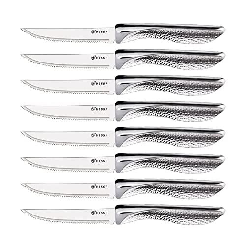 HISSF Steak knives Set of 8 ,Serrated Stainless Steel Sharp Blade Flatware Steak Knife Set,Unique Hammered Pattern Hollowed Handle,4.5 In,Dishwasher Safe