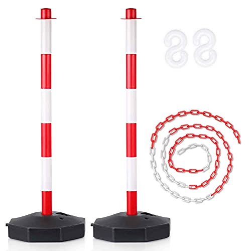 2 Pack Traffic Delineator Post Cones with Fillable Base, Portable Parking Pole Barrier with 8ft Chain, Traffic Safety Delineator for Parking Lot, Construction Lot (Red & White) 2