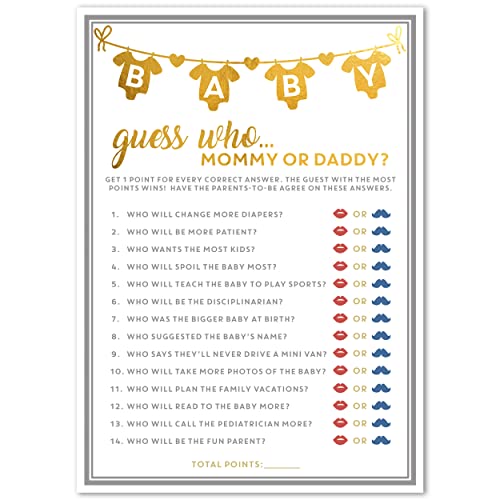 Party Hearty, Baby Shower Game Gold Foil, Mommy or Daddy Guess Who Game, Set of 50 Cards, 5×7 inches, Gender Neutral Boy or Girl, Fun, Unique and Easy to Play Activity and Prizes for Game Winners