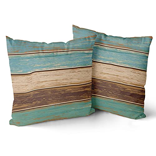 Wood Throw Pillow Cover Set of 2, Retro Rustic Barn Teal Green Brown Pillow Case Soft Cotton Home Decorative Pillow Cases 18 X 18 Inch Double Sided Cushion Covers for Indoor Outdoor Bedroom and Car