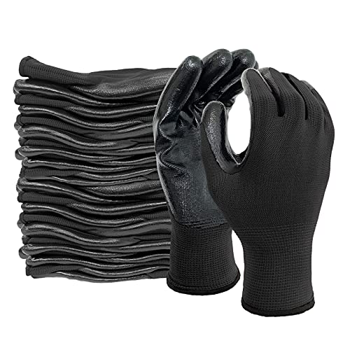 Evridwear Men Women Lightweight Nitrile Coated Grip Gloves for Outdoor Warehouse Construction Gardening Auto Mechanic Safety Work with Stretchable Cuff & Dexterous Fingers 12 Pairs,Black M