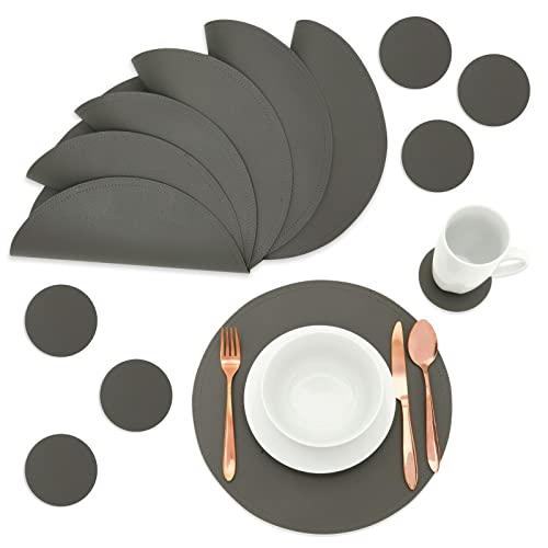 Set of 6 Faux Leather Circle Placemats and 6 Round Coasters for Dining Room Table (Dark Grey)