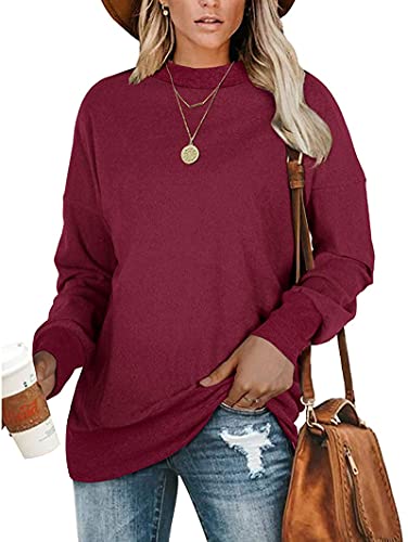 PLMOKEN Plus Size Sweatshirts For Women Casual Long Sleeve Crewneck Shirts For Leggings(Wine Red,4XL)