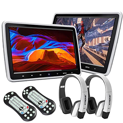 XTRONS Dual Car DVD Players 10.1 Inch Grade-A TFT Screen Portable Car Headrest CD Player with 2 New White Wireless IR Headphones Support HDMI Input, USB SD, AV in & Out, Region Free, 32 Bit Games
