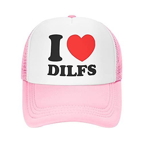I Love Dilfs Unisex Mesh Baseball Cap Outdoor Running Sports Trucker Dad Beach Hat (Pink, One Size)