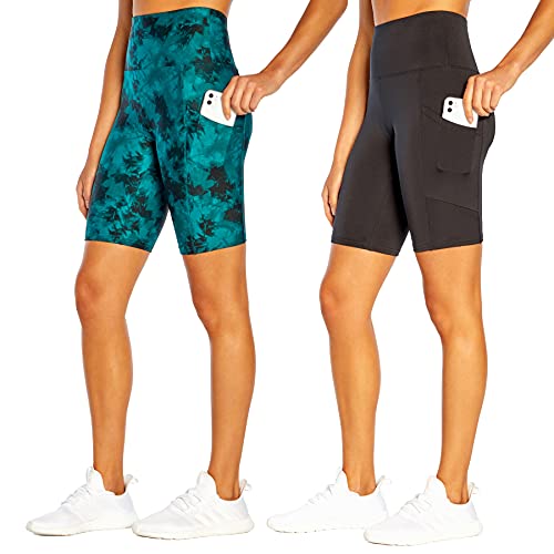 Marika Women’s Standard Oriana High Rise Pocket Bermuda Short-2 Pack, Black/Everglade Dark Sea Tie Dye, Large