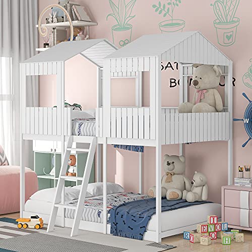 Polibi Full Over Full Bunk Bed, Wooden Bunk Bed with Roof, Window, Guardrail, Ladder for Girls, Boys (White)